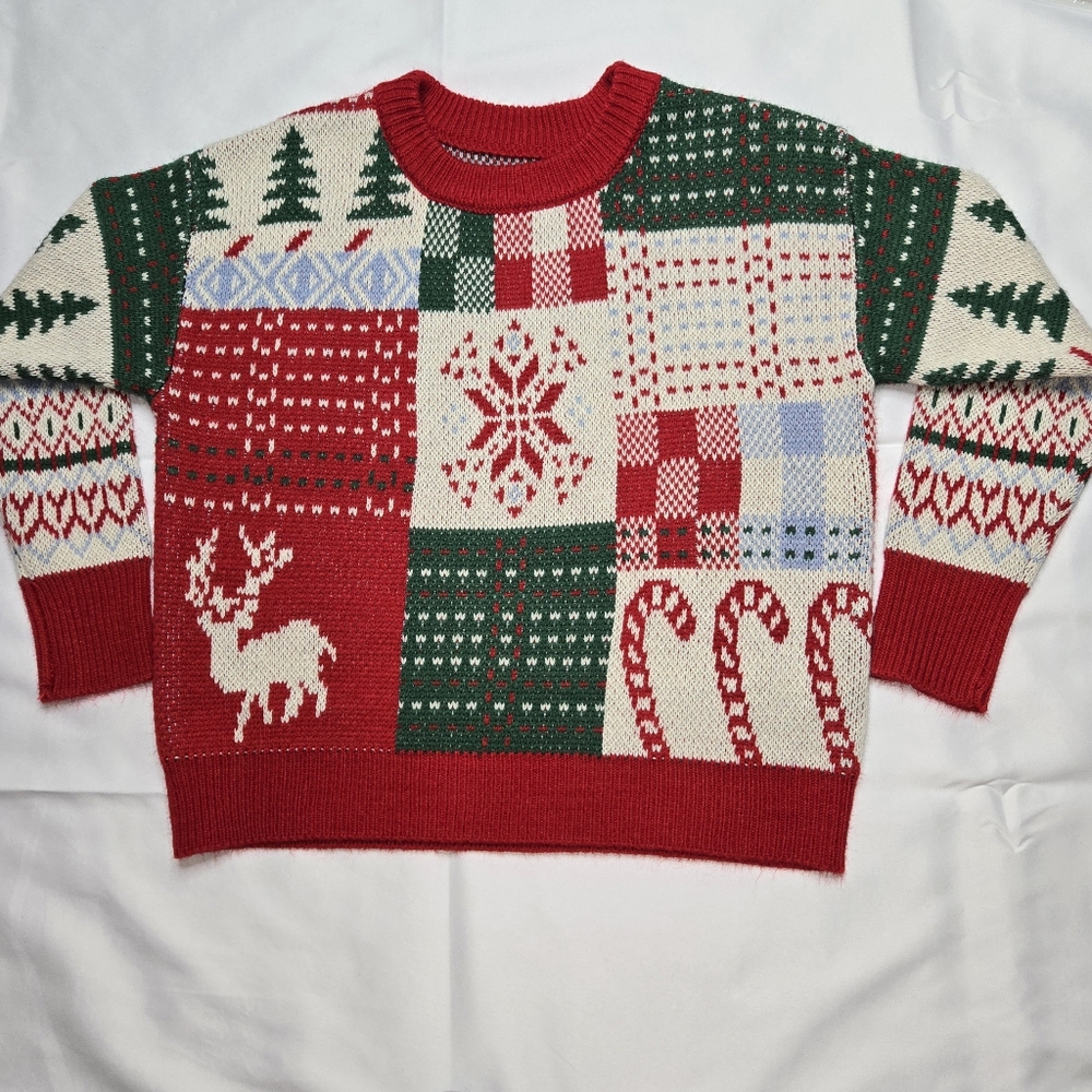 SHEIN holiday winter red, green, blue, trees,deer candy canes, snowflake sweater